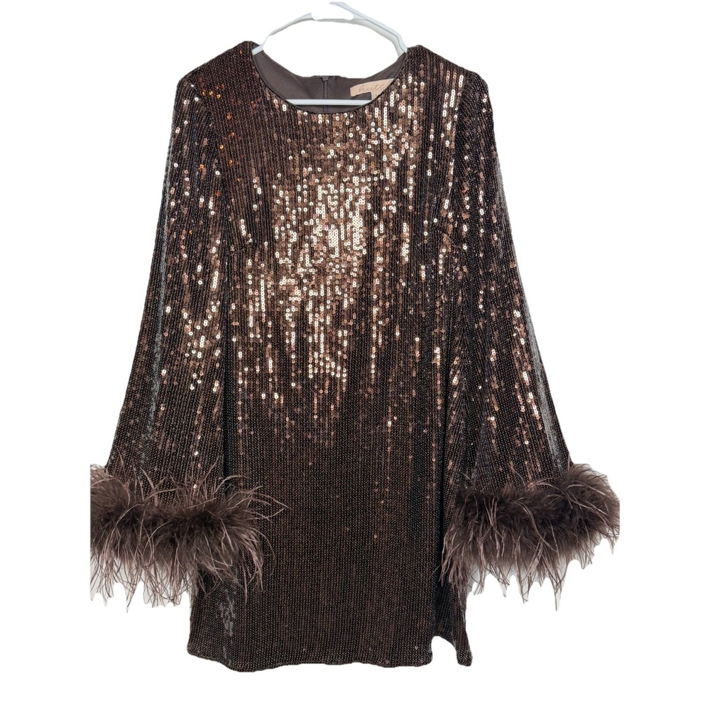 Hutch Long Sleeve Stretch Sequin Faux‎ Feather Mini Dress Rose Gold Bronze M